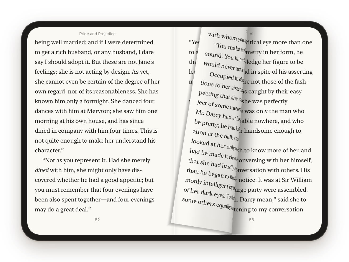 A page curling over mid-turn on the iPhone Duo's inner display