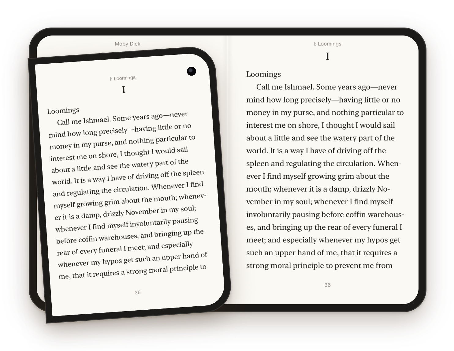 A closed iPhone Duo showing one page of Moby Dick on its cover, in front of an open one showing the same page on the right of a spread