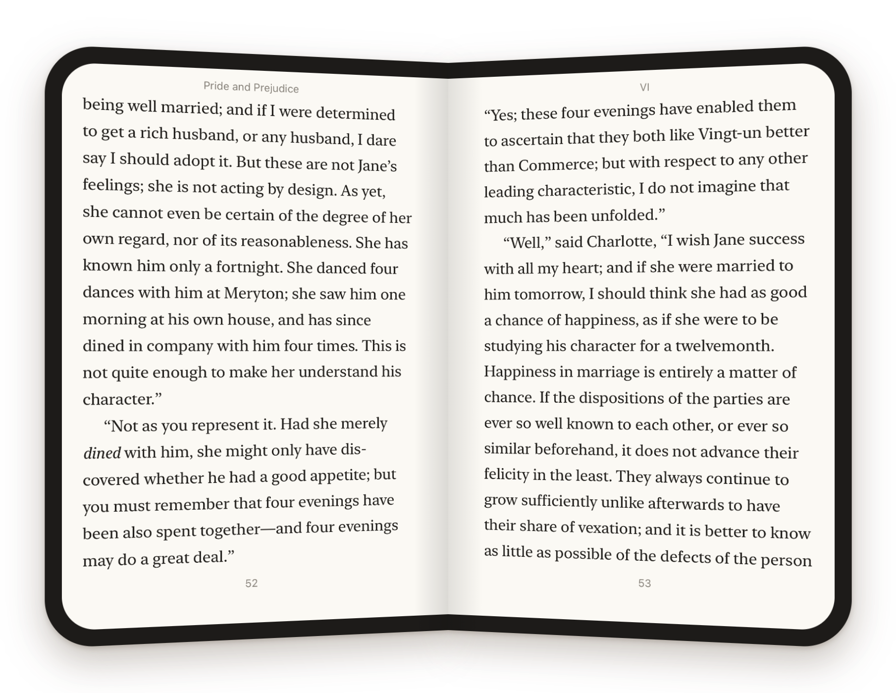 Sheafs on an unfolded iPhone Duo held like a book: a two-page spread of Pride and Prejudice, the fold for a gutter