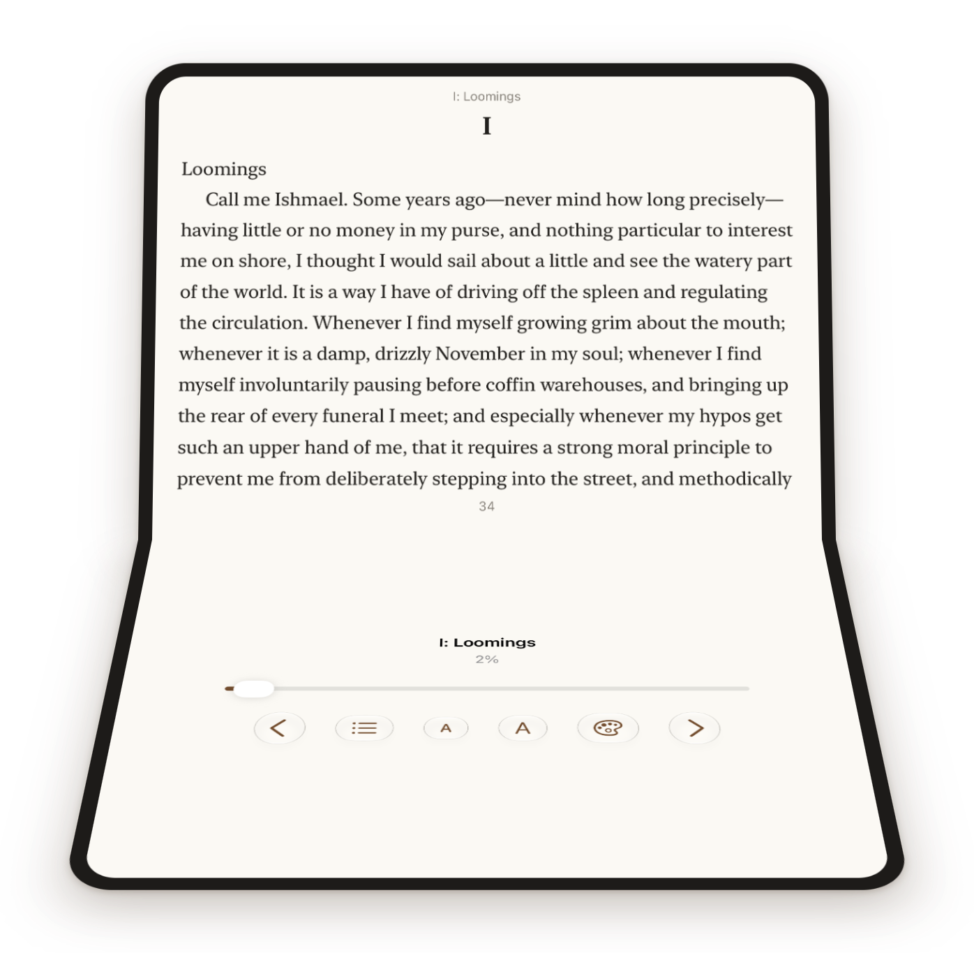 An iPhone Duo folded halfway and standing on a table, the page on the upper half and the reading controls on the lower half