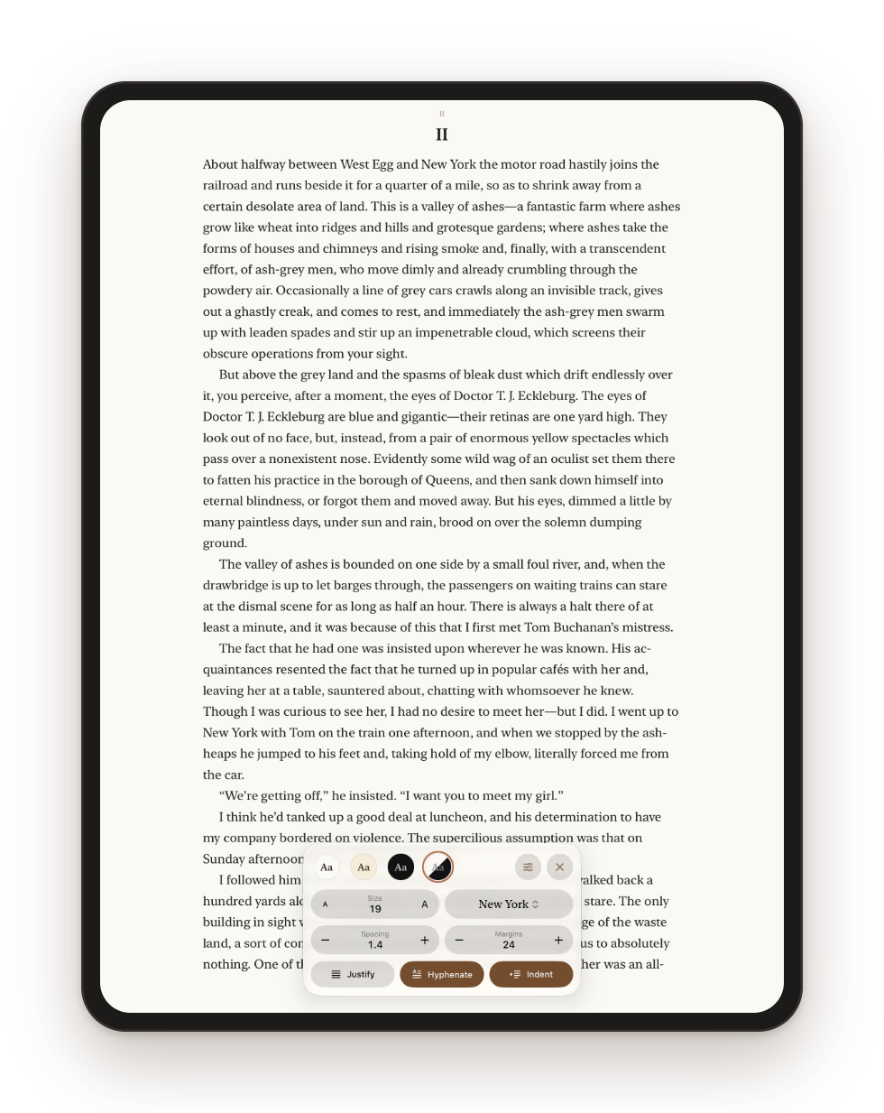 The appearance panel. Themes, size, font, spacing, margins, justification and hyphenation, with the page in view.